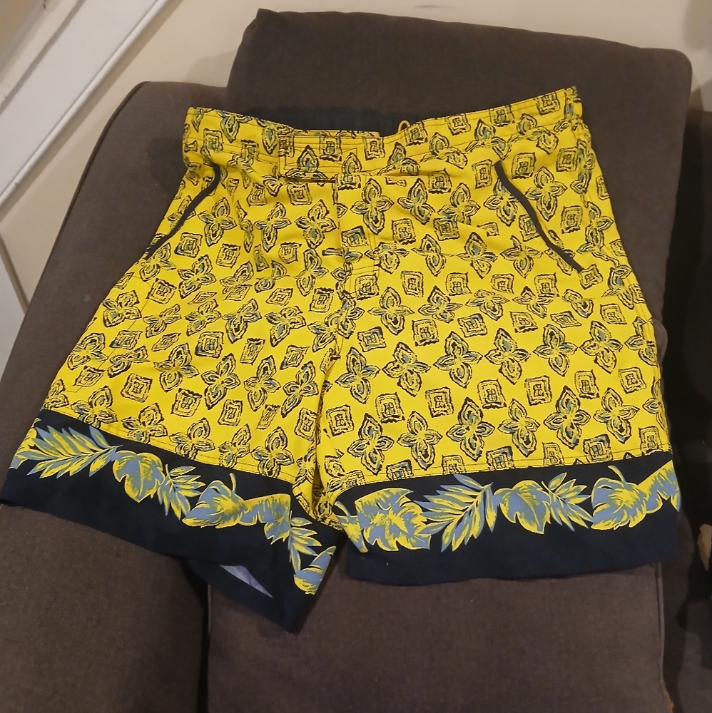 Pandeonium Tropical Yellow & Navy XL Swim Trunks (081125B)